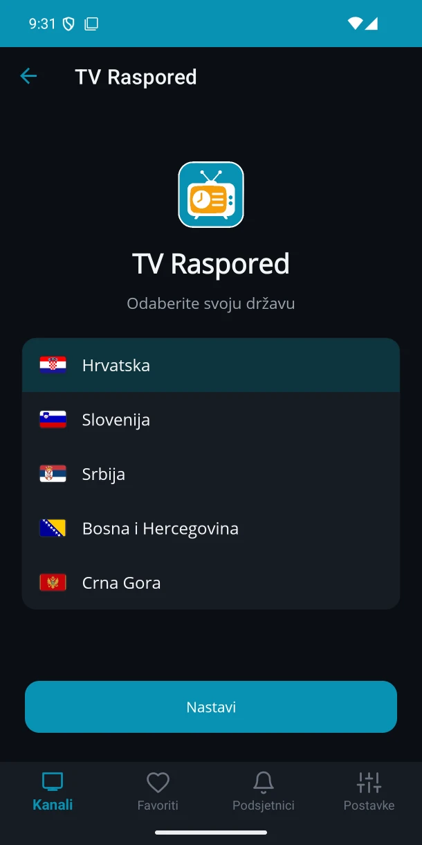 Odabir države u aplikaciji TV Raspored: Hrvatska, Slovenija, Srbija, Bosna i Hercegovina i Crna Gora.
